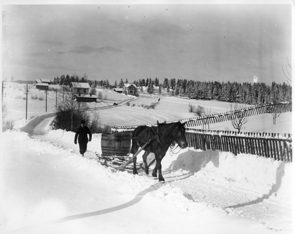 Sørkedalsveien med Røa Handelsforening i bakgrunnen. År: 1902. Fotograf: Anders Beer Wilse. Fra arkivet etter Byplankontoret (A-10002/Ub/0002/003)