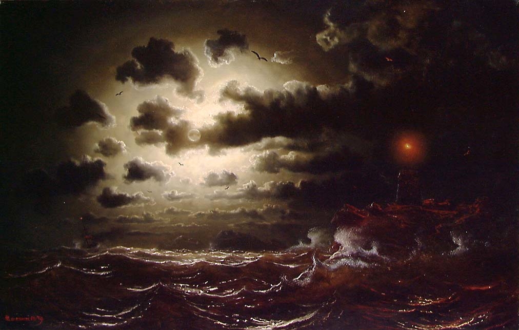 Opprørt hav i måneskinn med fyrtårn [Maleri] - Nasjonalmuseet,  billedkunstsamlingene / DigitaltMuseum